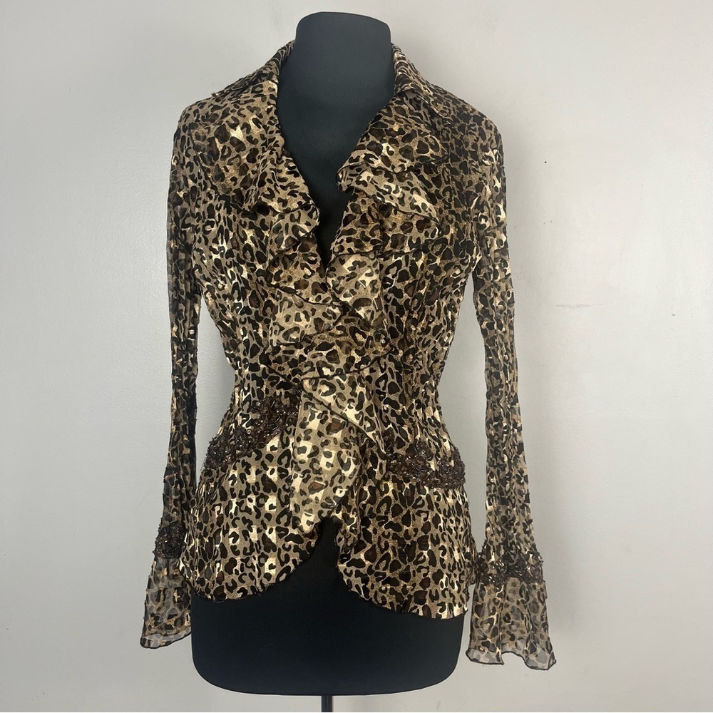 Vintage Y2K Mary L Couture animal print beaded button down ruffle top size small